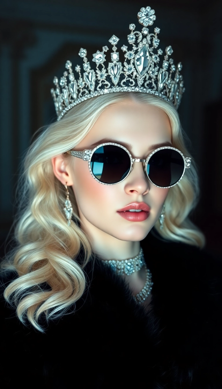 iPhone AI Young Platinum Blonde Queen in Black Fur Sophisticated Background Royalty-Free Image